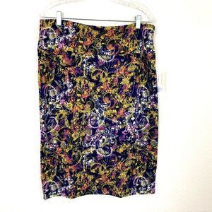 LulaRoe NWT Cassie Stretchy Midi Pencil Skirt Size XL Yellow Blue Wide Waistband